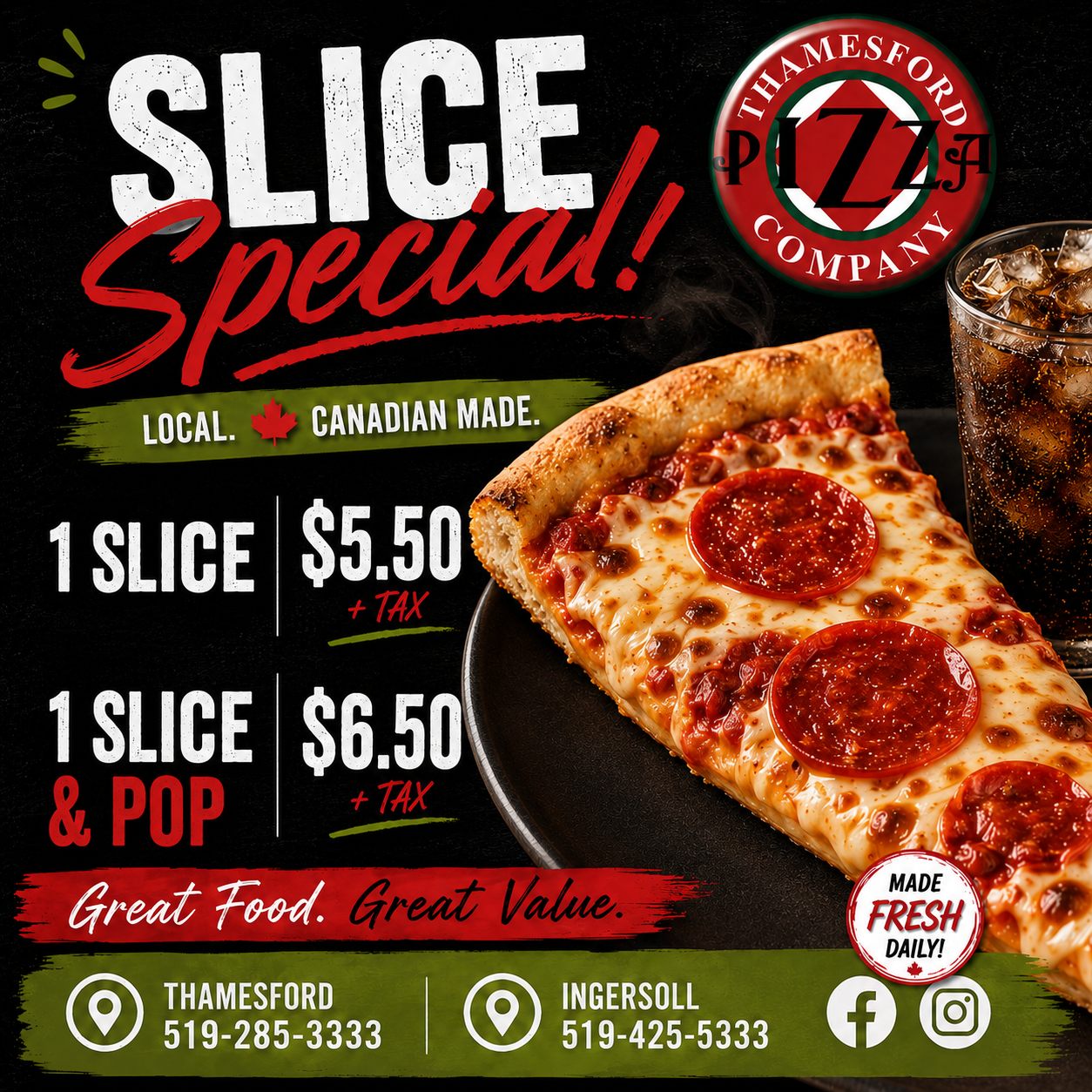 Thamesford Pizza everyday slice special promotional graphic